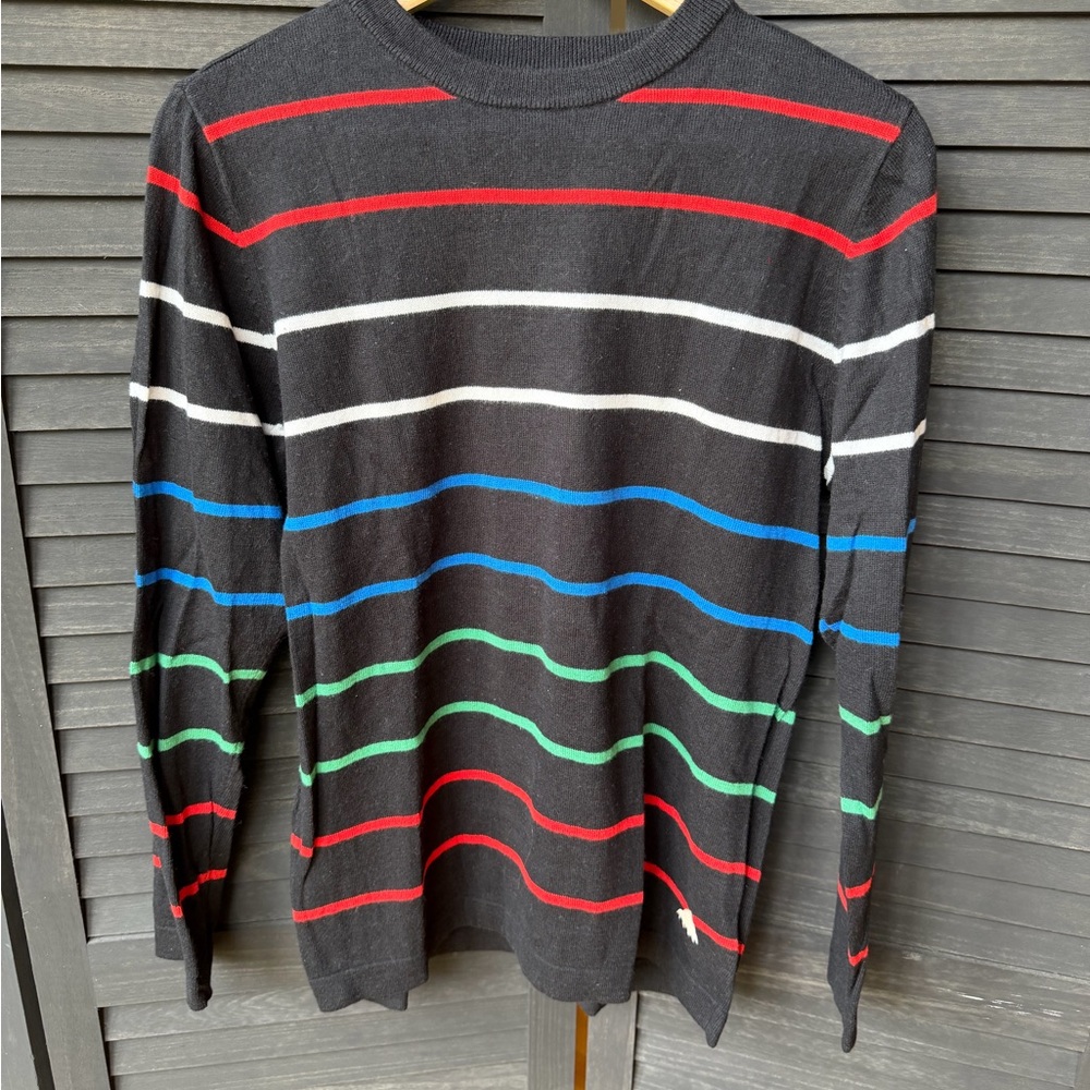 Burton Black Crewneck Sweater with Red, White, Blue & Green Stripes
